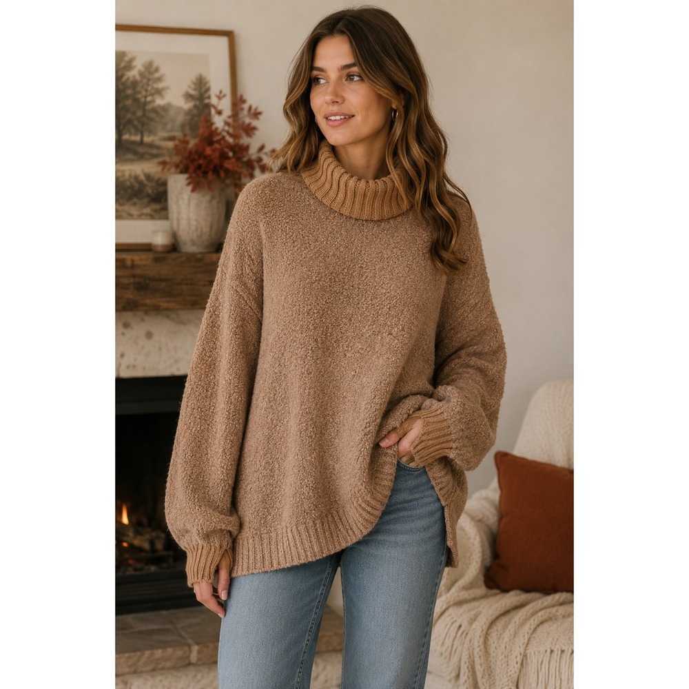 OFFLINE by Aerie Womens Boucle Oversized Turtleneck Sweater Camel Brown Small